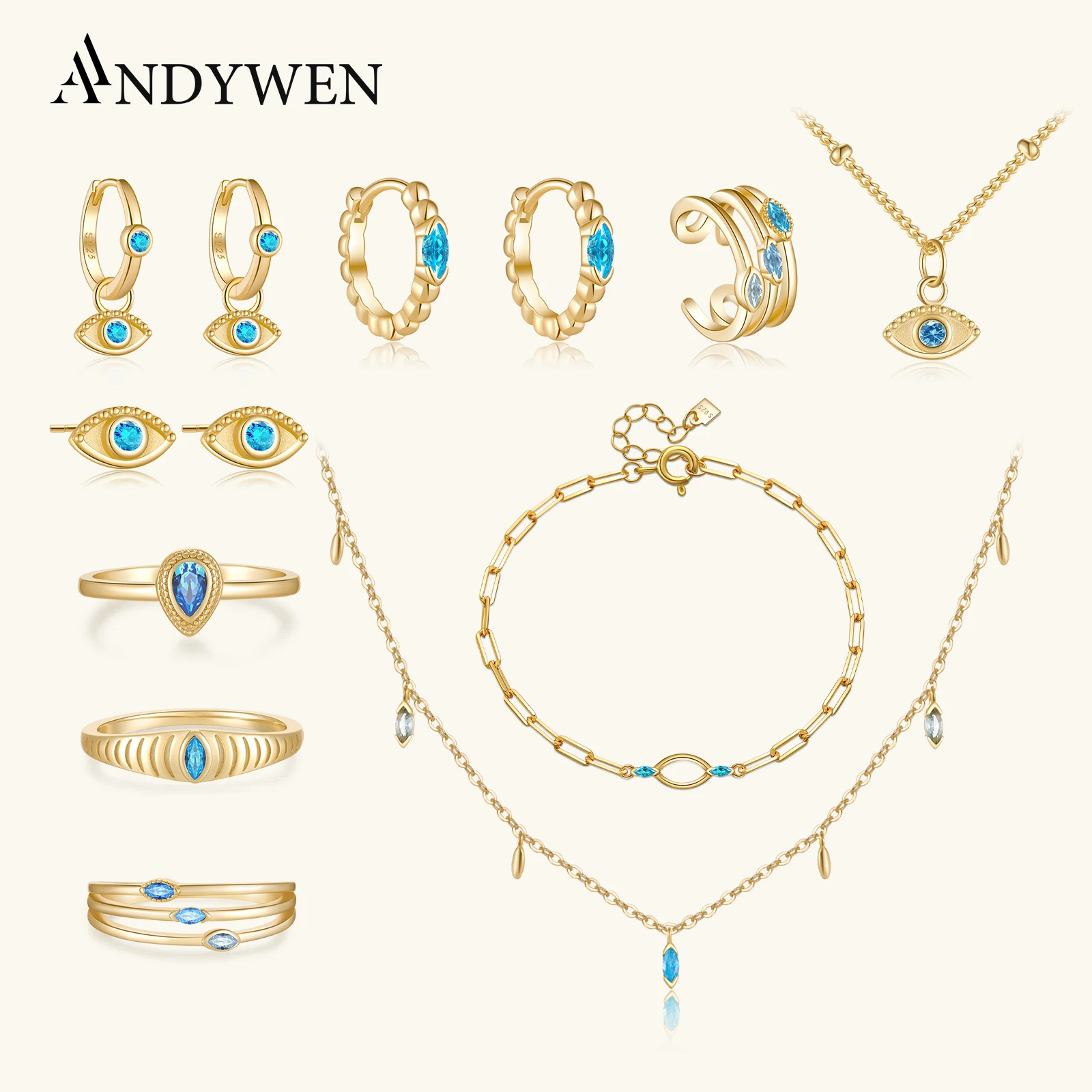

ANDYWEN 925 Sterling Silver Blue Zircon CZ Piercing Cuff Stud Earring Drop Pendiente Bracelet Ring Necklace Choker Jewelry Set