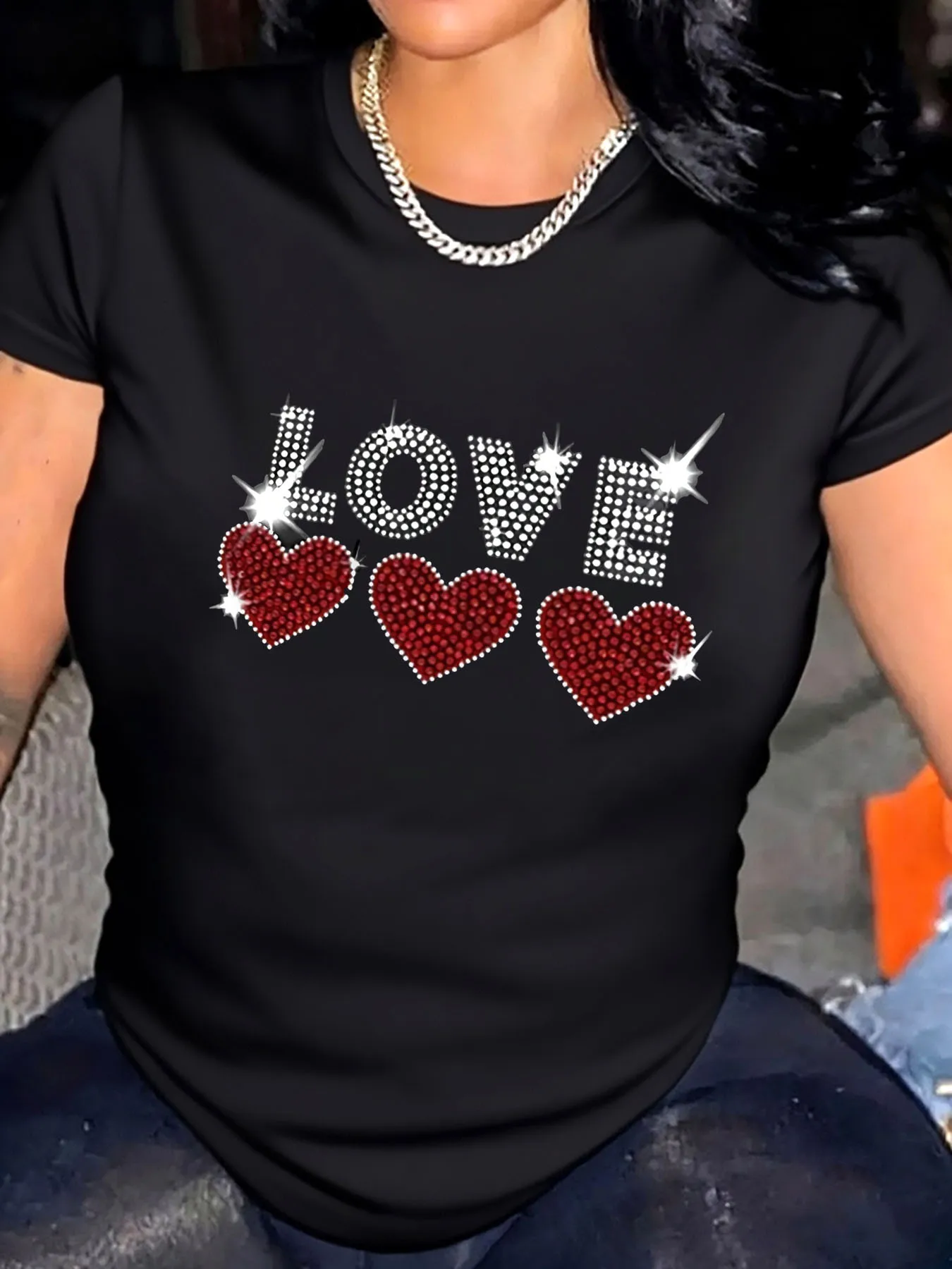 

Женская футболка больших размеров Valentine Love со стразами и принтом в виде сердечек, уличная одежда