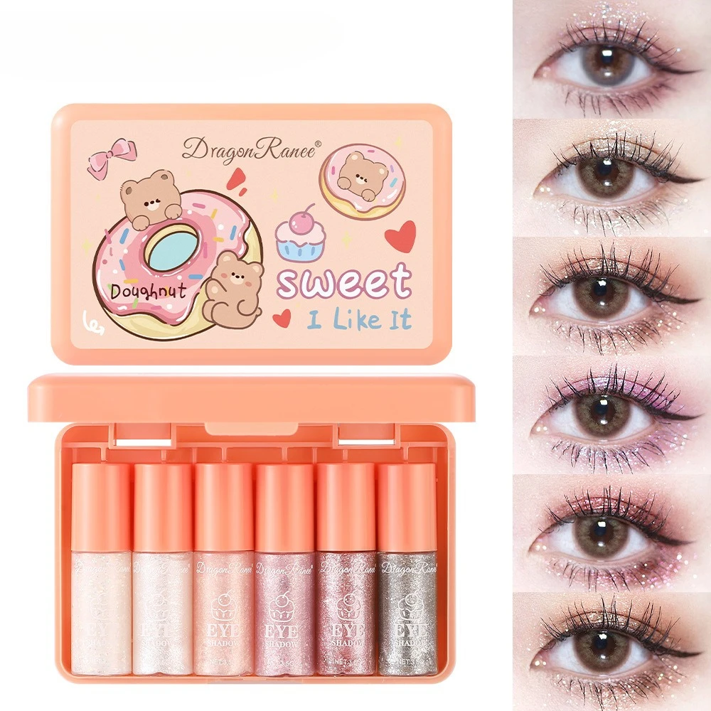 Juego de 6 uds de sombra de ojos líquida con purpurina, brillo nacarado, brillo de diamante, fácil de aplicar para uso diario en fiestas, paquete de dibujos animados bonitos