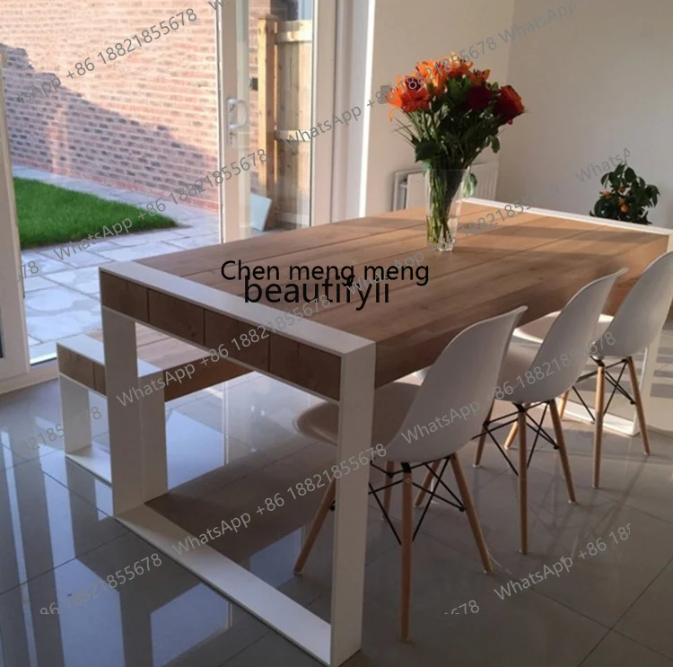 E153 Iron Art Solid Wood Dining Table American Style Dining Table and Chair Set Vintage Iron Art Nordic Cafe Milk Tea Shop Table