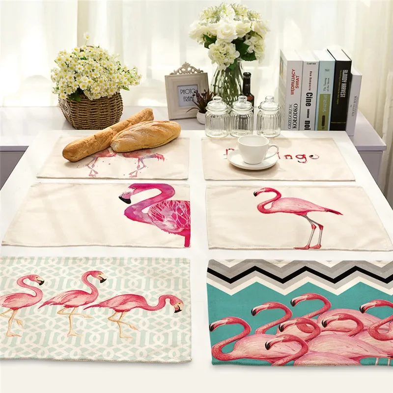 1Pcs Flamingo Leaf Pattern kitchen Placemat Tea Coasters Dining Table Mat Cup Mats Cotton Linen Pad 42*32cm Home Decor MA0051