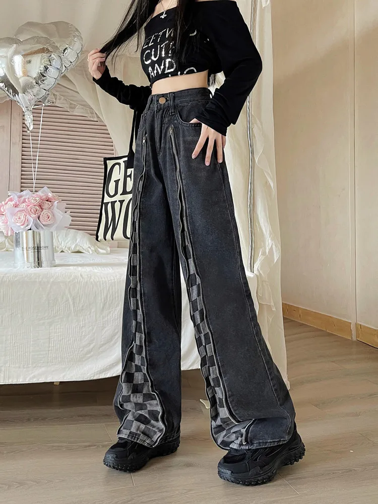 2023 Y2K Streetwear Zipper Washed Black Checkerboard Grid Baggy Jeans Pants For Women Clothes Straight Wide Leg Lady Trousers