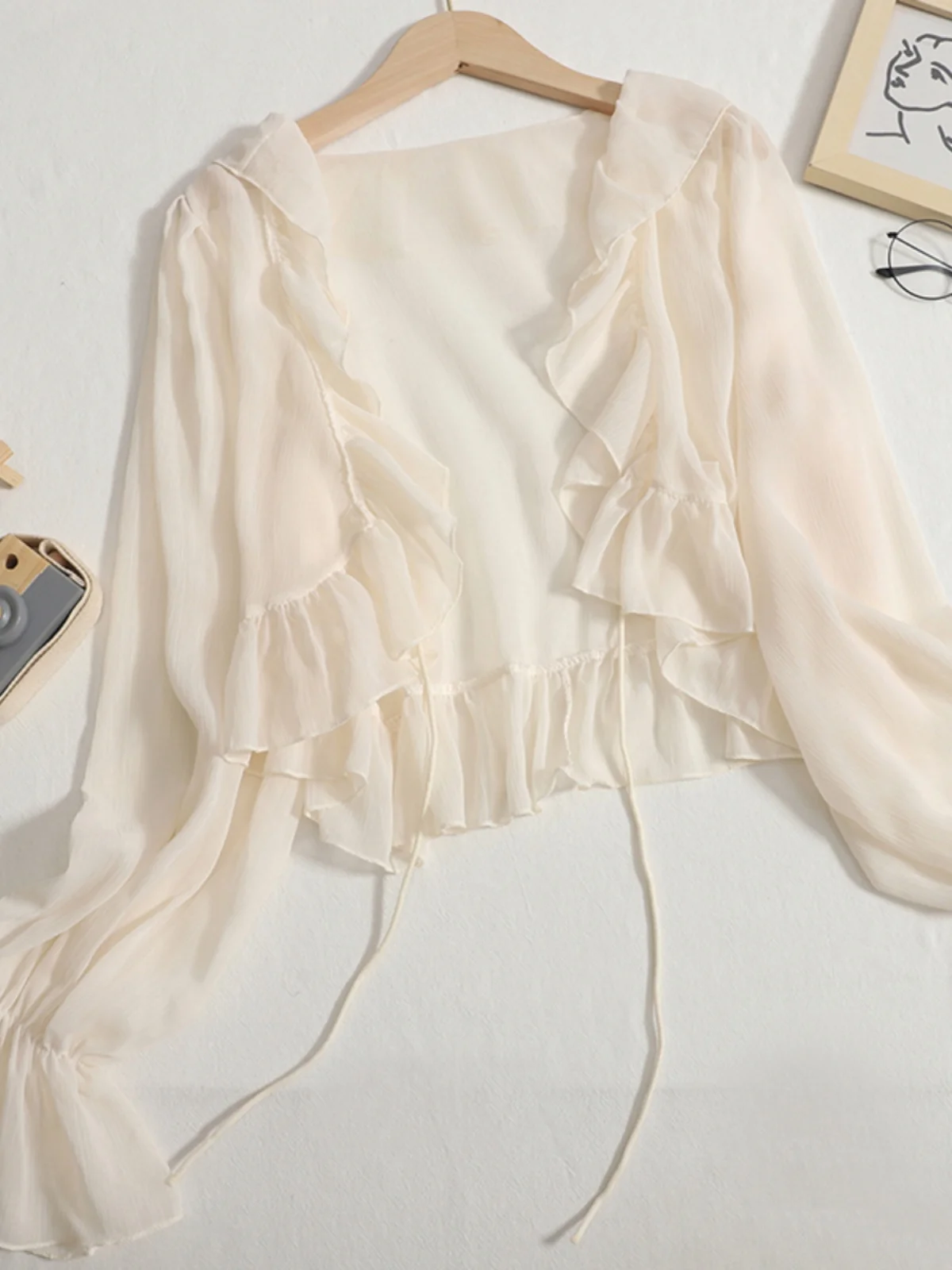 

Women's Summer New Sle Sun Protection Clothing Chiffon Bell Sve Lace Trim Cardigan Fairy awl ort Outerwear