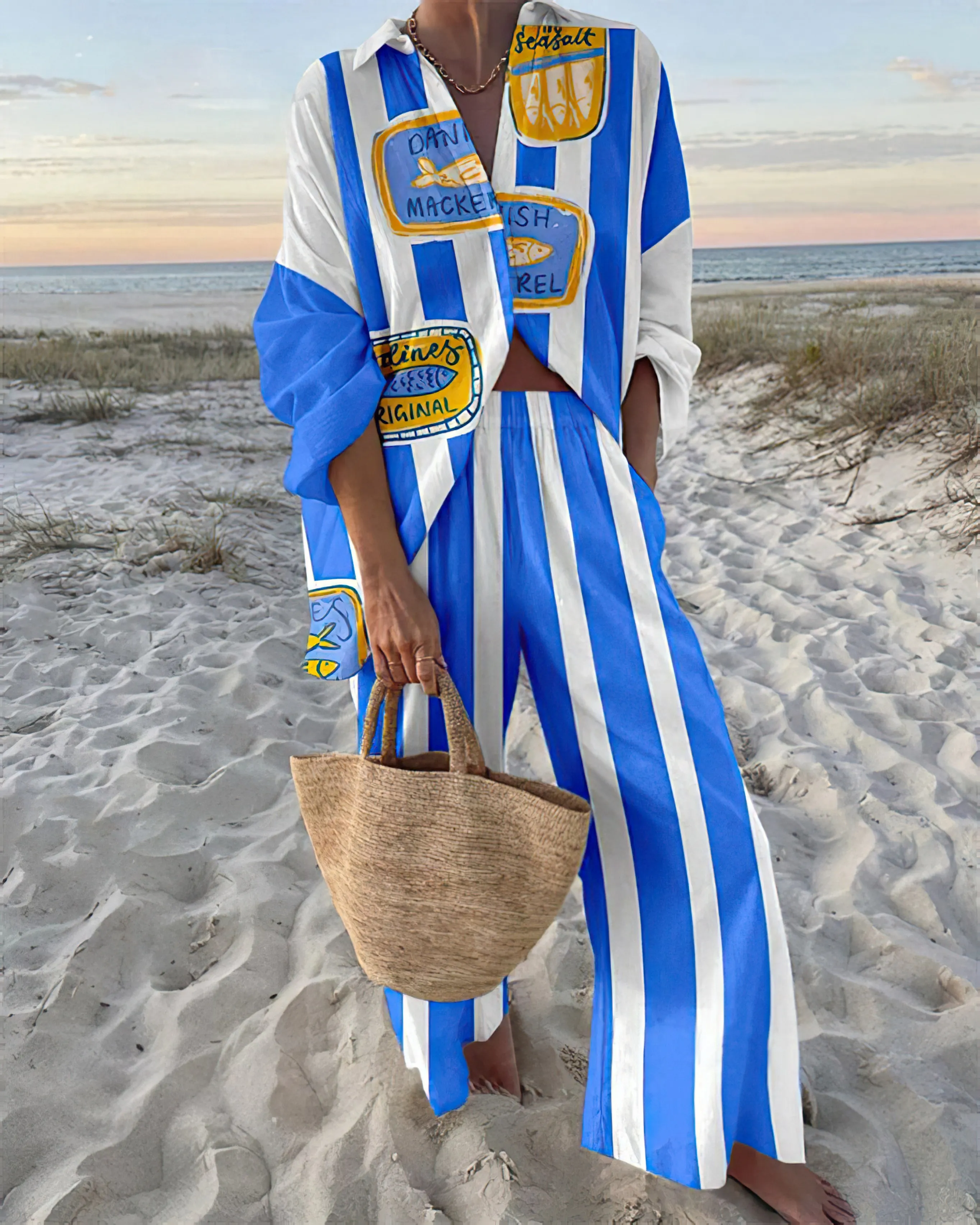 

2025 женская мода, повседневный повседневный комплект из двух предметов с принтом, летняя стильная рубашка с воротником с принтом, комплект с широкими брюками