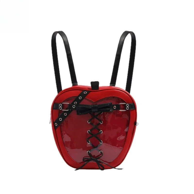 Red Apple-Shaped Mini Backpack Corset-Style Lace-Up Transparent Glossy PVC Unique Trendy Niche Fashion Statement Bag