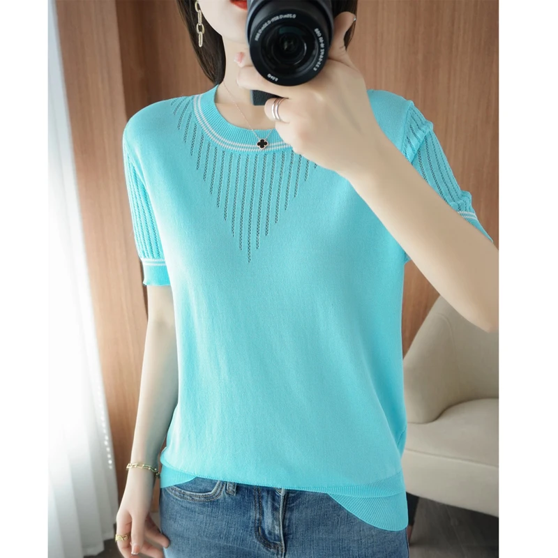 Women New Summer Short-sleeved Tees O-Neck Slim 100% Cotton Linen Hollow Pullover T-shirt Knitted Base Casual Sweater