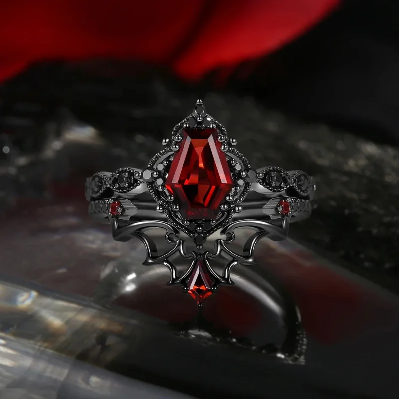 2 Stück/Set Modischer Eingelegter Roter Synthetischer Zirkonia Schwarzer Doppelschichtiger Ring Damen Gothic Täglicher Schmuck Accessoires Geschenke – Detail 6