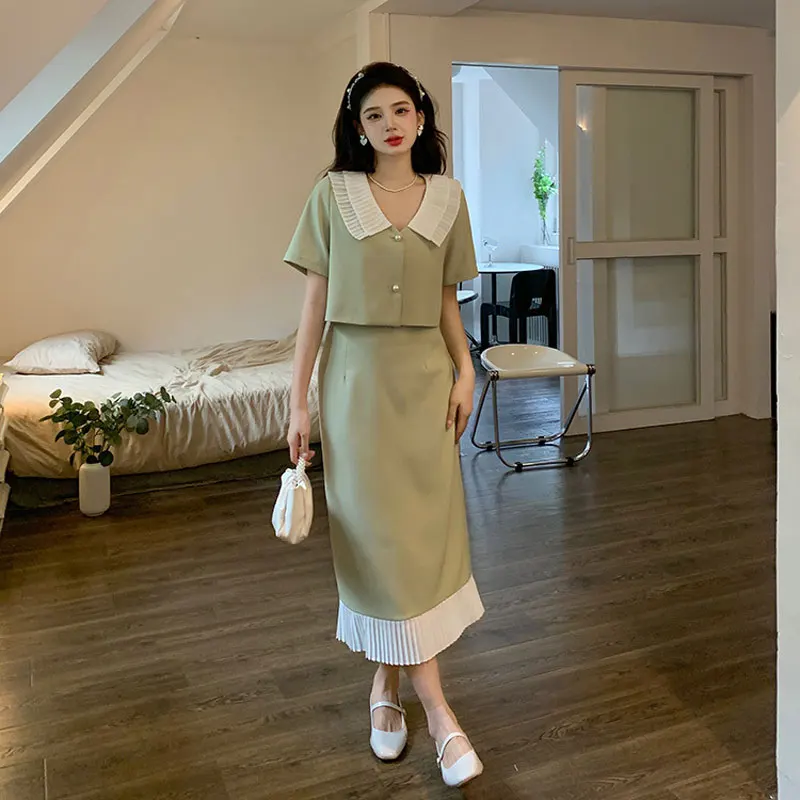 Summer Elegant Women Skirt Sets Retro Office Lady Outifits Puff Sleeve Black Top Skirts Set Korean Fashion Sweet Hepburn Suit