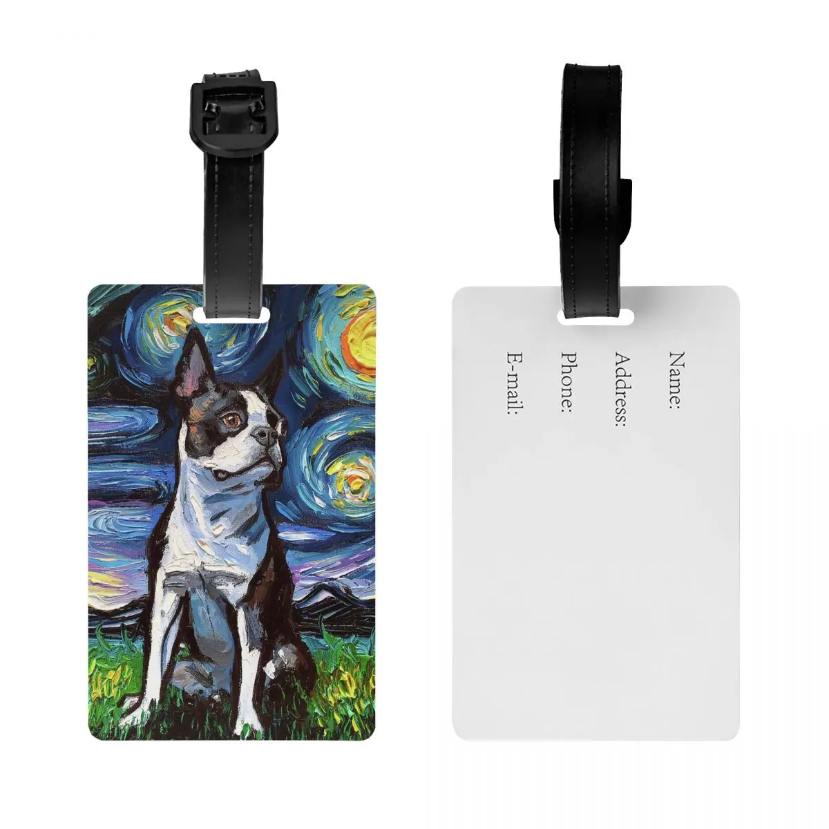 Etiqueta de equipaje de perro Boston Terrier de Noche Estrellada para maletas, etiquetas de equipaje de moda para amantes de las mascotas, cubierta de privacidad, tarjeta de identificación de nombre