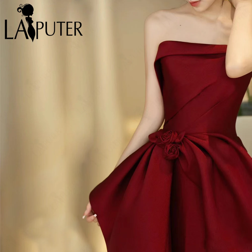 Red Column Evening Dresses Off Shoulder Strapless Neck Tea Length Party Big Bow Knot Satin Prom Gown