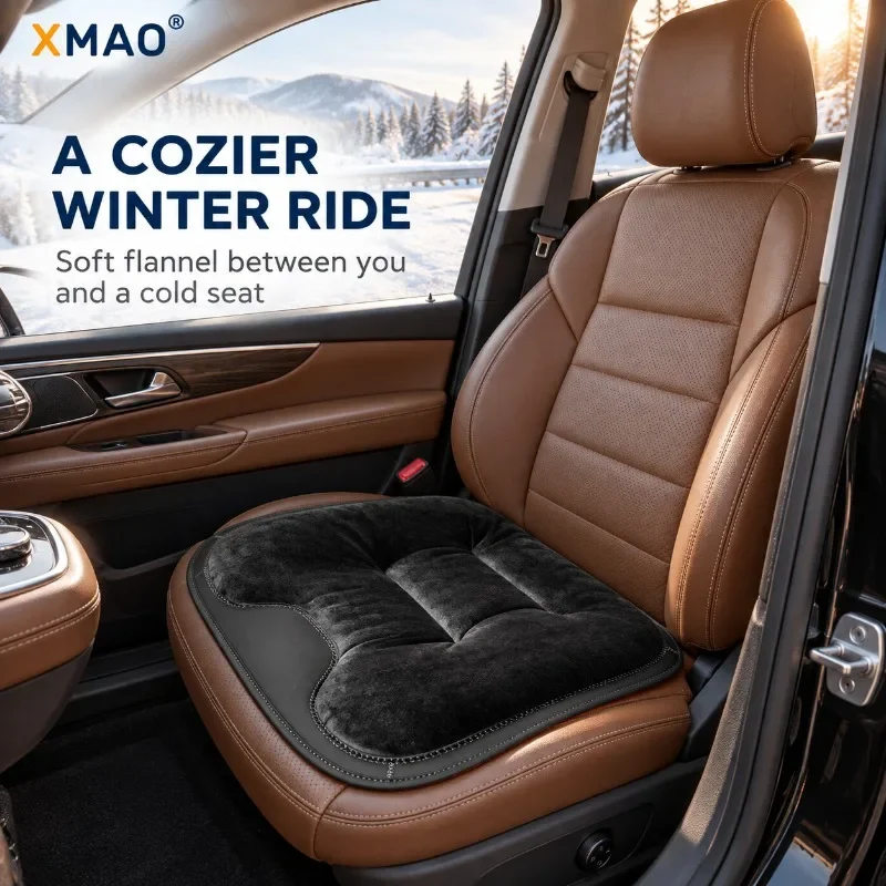 Winter Car Seat Cushion Soft Flannel Warm Padded Seat Cover with Anti Slip Backing and Anchor Fasteners for Front Seats