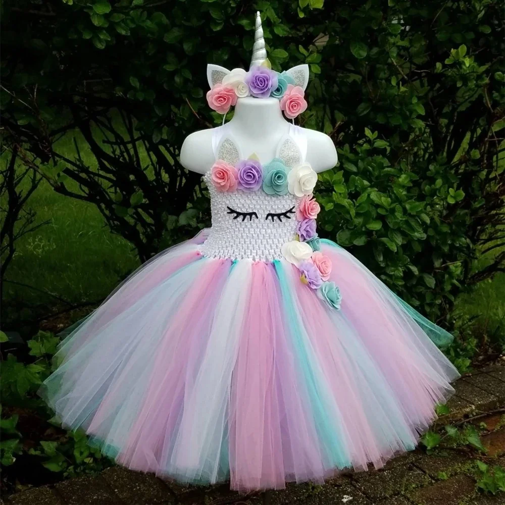 Mädchen Pastellfarbenes Blumen-Einhorn-Tutu-Kleid Kinder Häkel-Tüllkleider mit Haarschleife Kinder Geburtstag Weihnachtsfeier Kostüm Kleidung