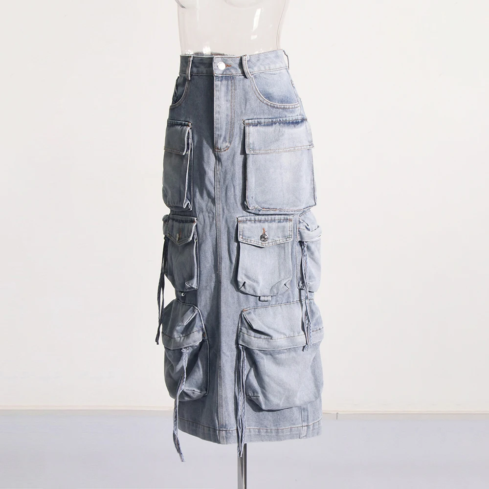 VGH Patchwork Pockets Tide Chic Denim Skirt Dla Kobiet Wysoka Talia Spliced Button Bodycon Solidne Długie Spódnice Kobiecy Styl Mody