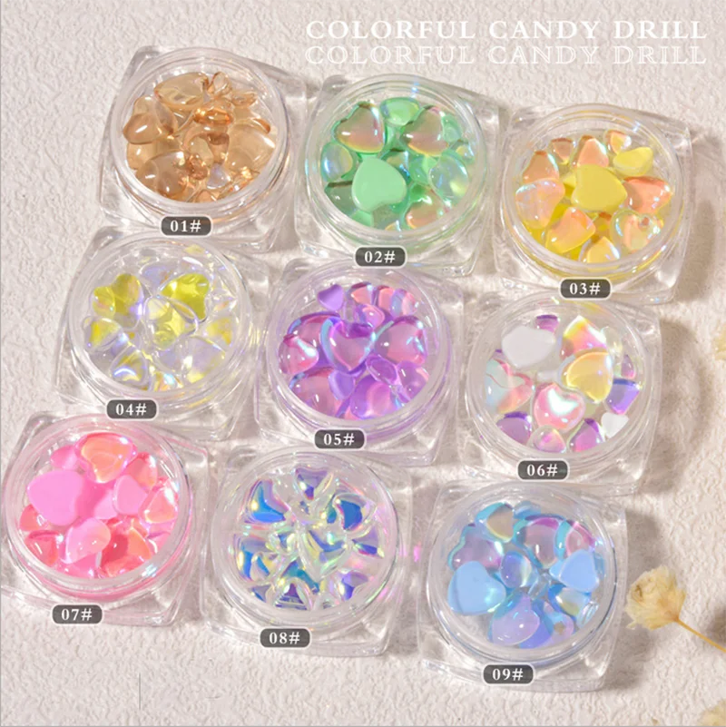 Nail Art Decoration Aurora Color Acrylic Candy Mix Sizes Flat Back Love Hearts For Nail Tips Beauty