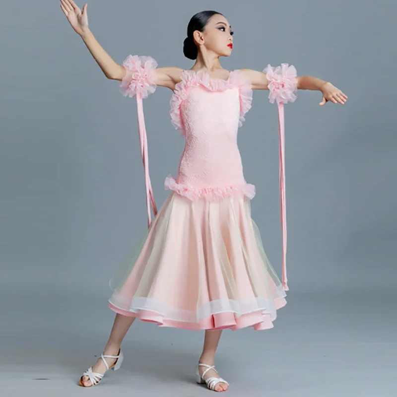 Kinder Mädchen Walzer Tango Ballsaal Tanzkleidung Professionelle Spaghettiträger Chiffon Kleider Große Fischgrätenröcke Moderne Kostüme