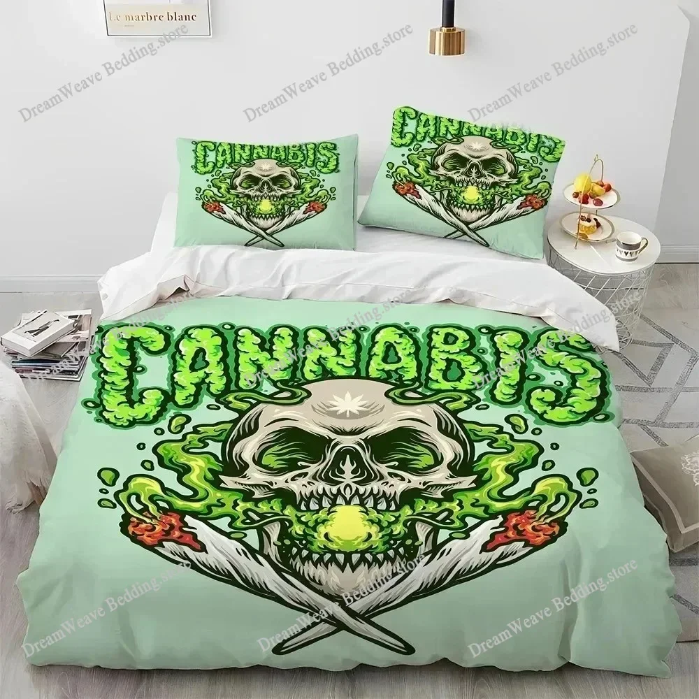Maple Weed Plant Green Death Skull Smoke Bedding Set Duvet Cover Bed Set Quilt Cover Pillowcase Comforter King Queen SizeFQH