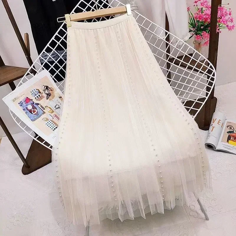 Women Beading Pleated Tulle Skirts 2026 New Korean Fashion Clothing Casual Faldas High Waist Mid Length Black Pink Kawaii Skirt