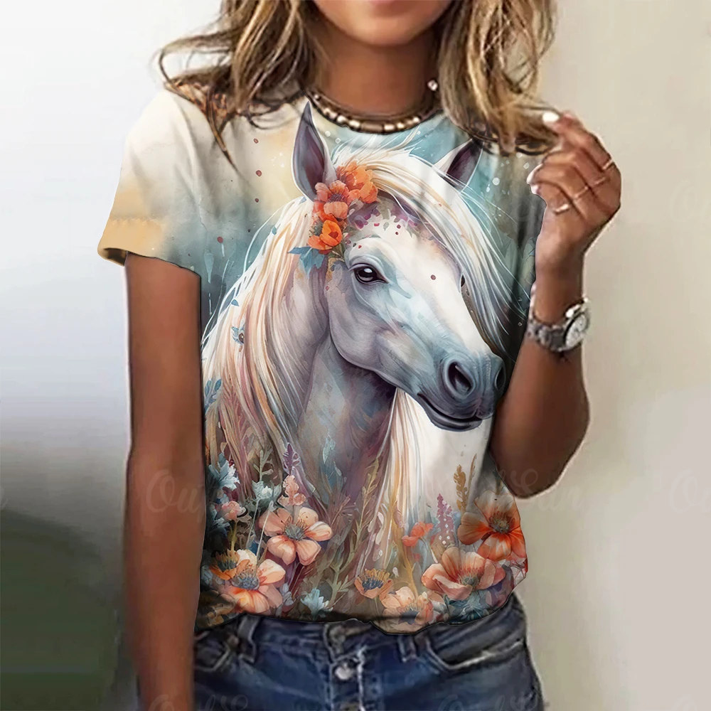 3D Animal Print New Women\'s T-shirts Casual Short Sleeves Horse Pattern Street Tees Tops Summer Loose Women Clothing Pullover