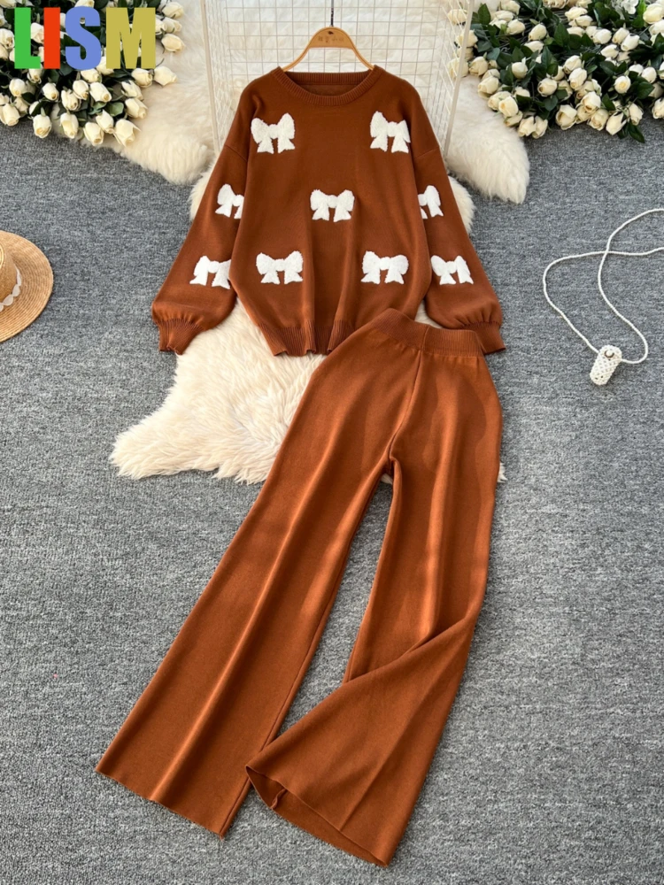 

LISM Winter Two-piece set Knitted Suits Bow Embroidery Long Sleeves Pullover+Wide Legs Long Pants suits Women Sweater outfit