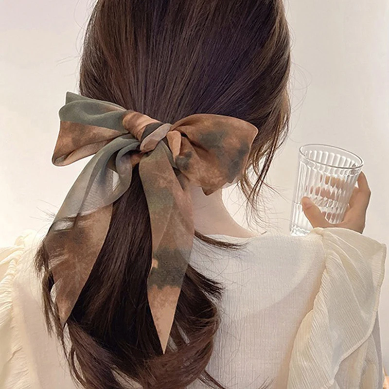 Women Scrunchies Headwear Satin Ribbon Bows Long Hair Ties Girls Ponytail Holder Ties Hair Rubber Bands Hair Accessories