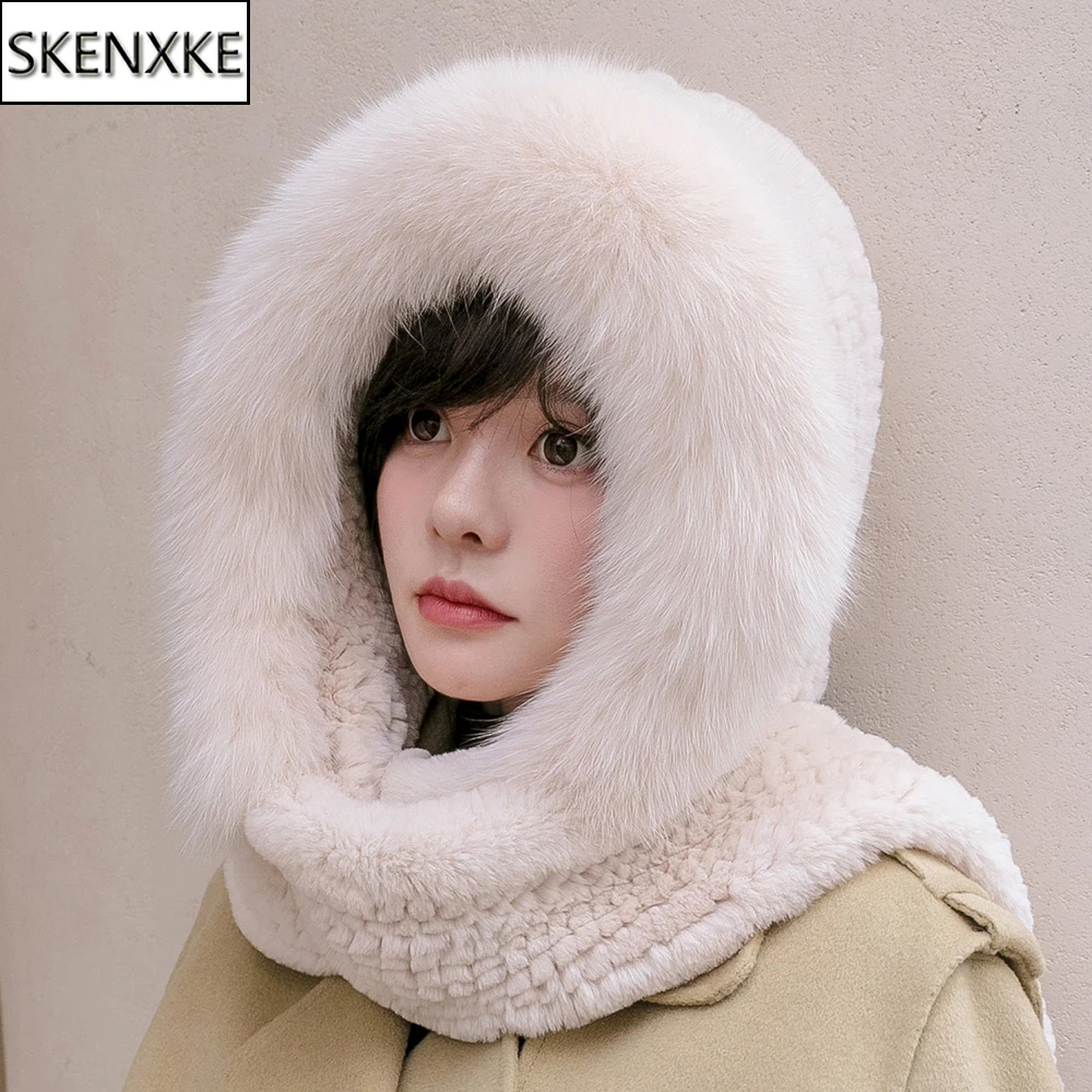 

Толстая шапка из натурального лисьего меха, роскошная женская шапка ручной вязки, шапка из натурального меха кролика рекса, шарф для девочек, зимняя теплая уличная лыжная шапка