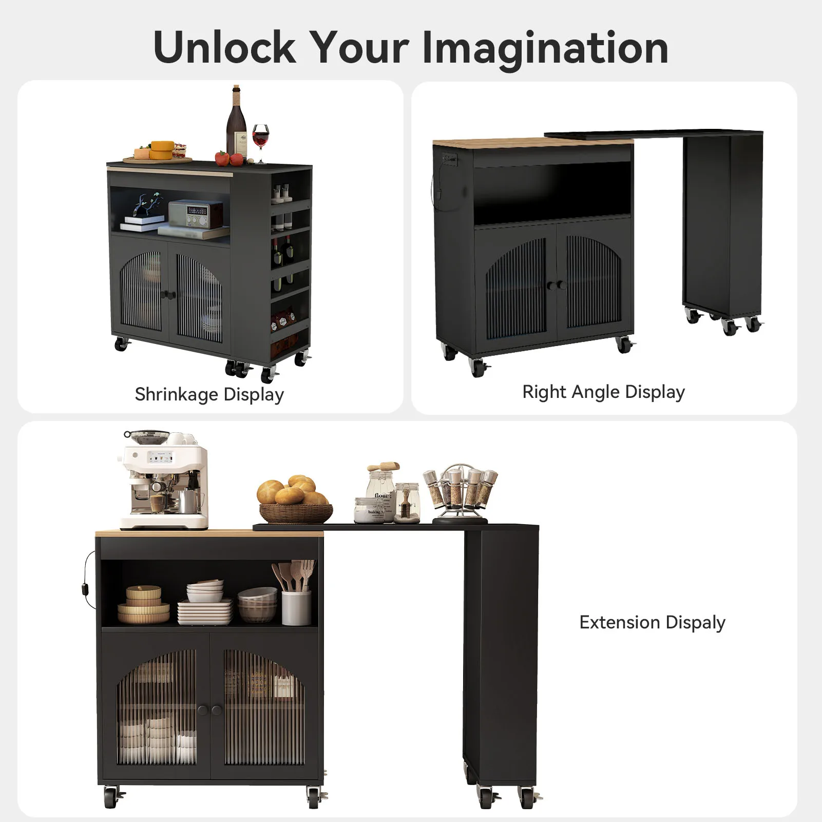 طاولة جزيرة المطبخ المتدحرجة القابلة للتوسيع، عربة تخزين المطبخ المتكاملة، 3 أرفف مفتوحة لأثاث المطبخ