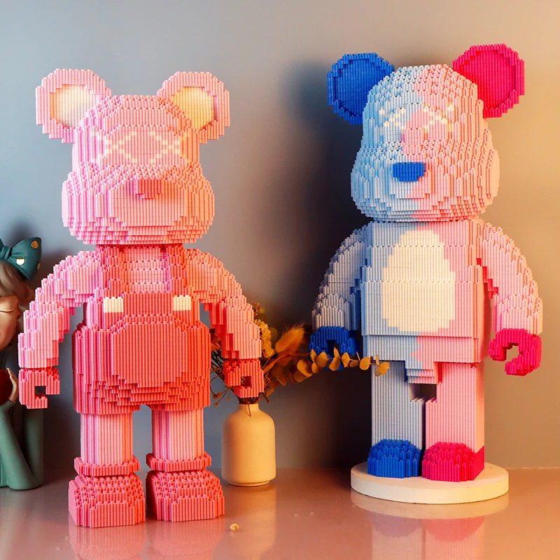 Mini DIY Kids Toys Cartoon Love Violent Bear Bearbrick Model with Light Building Block Micro Bricks Christmas Birthday Gift