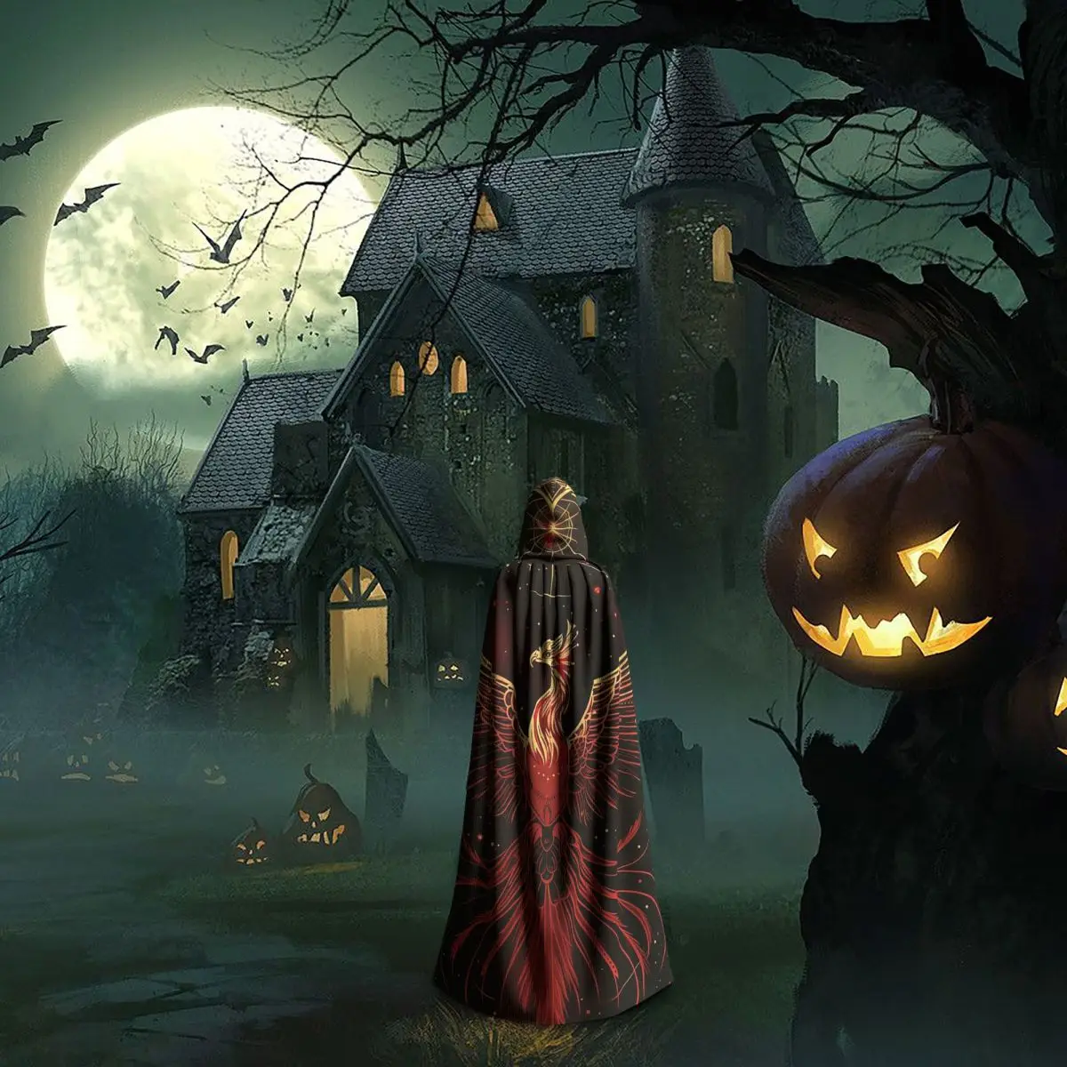 فينيكس الطيور الأسطورية مع أجنحة الناري عباءة طويلة مقنعين الساحرة القرون الوسطى زي تأثيري كيب هالوين مصاص دماء الكبار للجنسين