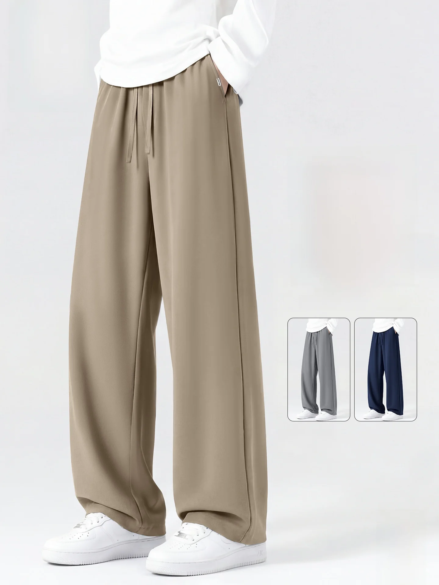 

Khaki Ice Silk Straight Leg Wide Leg Casual Pants Men's Summer Cool Feeling Loose Fit Trousers Faionable Youth S...