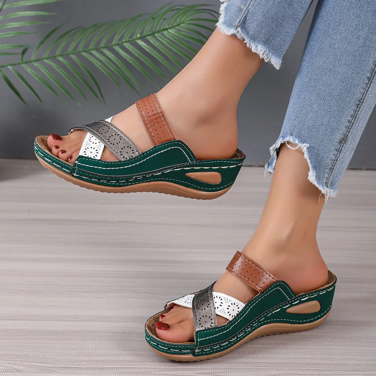 Summer Women Wedge Sandals Premium Orthopedic Open Toe Slippers Vintage Anti-Slip Leather Casual Female Platform Retro Shoes