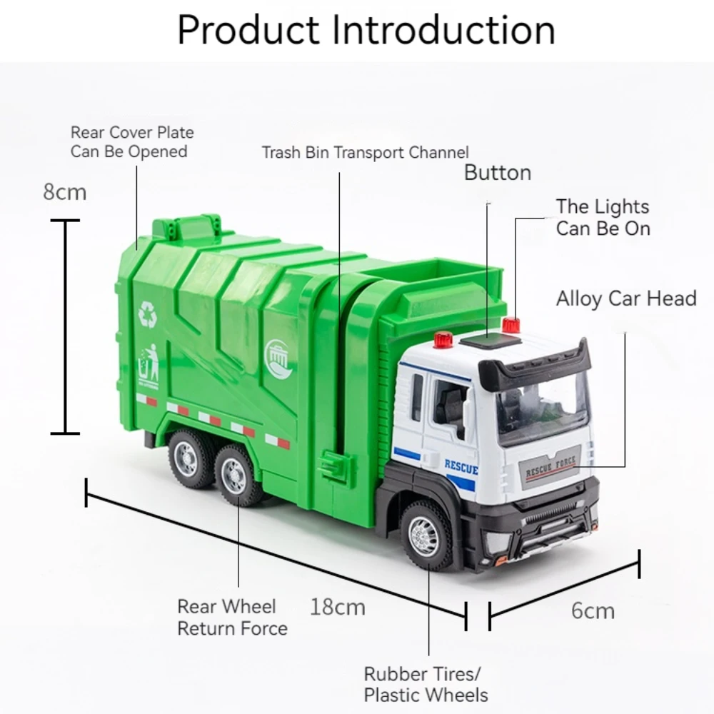 1/32 Alloy Sanitation Car Model Toy Metal Diecast Engineering Garbage Truck Pull Back Light Sound Vehicle Gifts for Boy Children