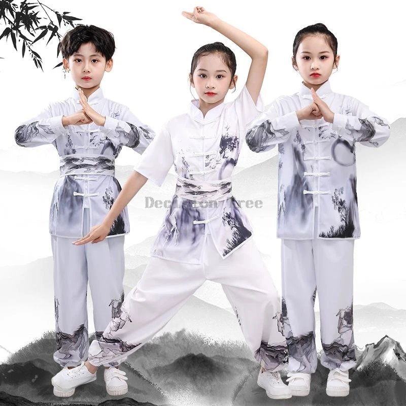 children's printed top pants wushu set kids' breathable short sleeved kung fu uniform girls stage peformance practice uniform