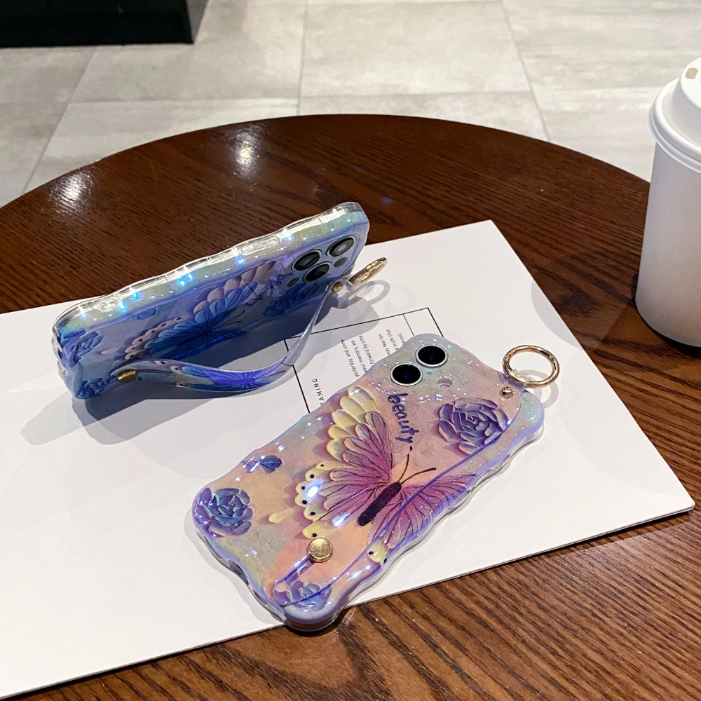 Luxury Laser Painting Bluterfly Wrist Strap Phone Case For Iphone 11 12 13 14 15 Pro Max 16 Plus Shockproof Hand Band Soft Cover