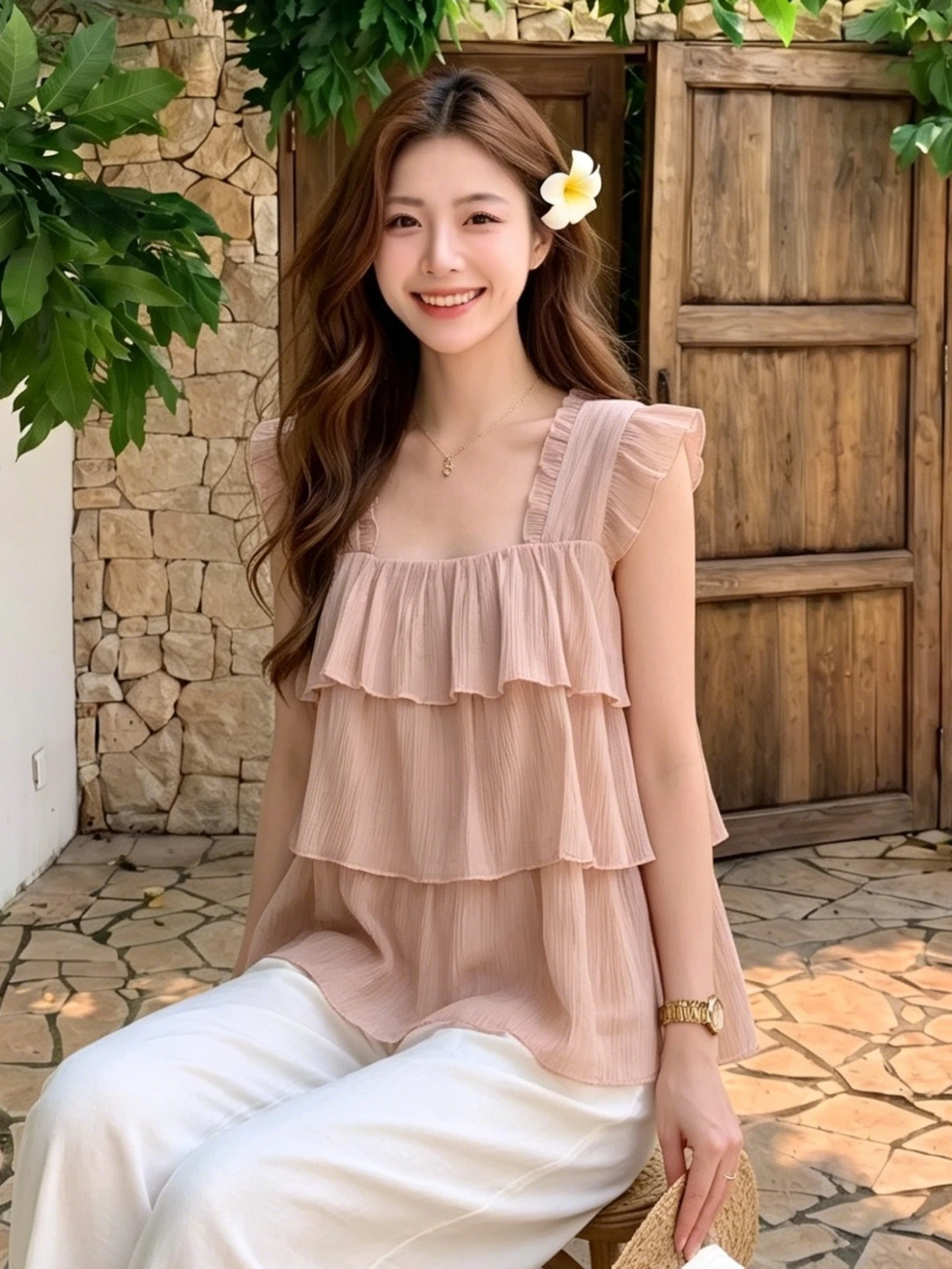 Gentle Wind Style Lace Trim Vest Women's Summer New Ageless Matching Cake Layered Soft Breeze Fashionable Casual Blouse