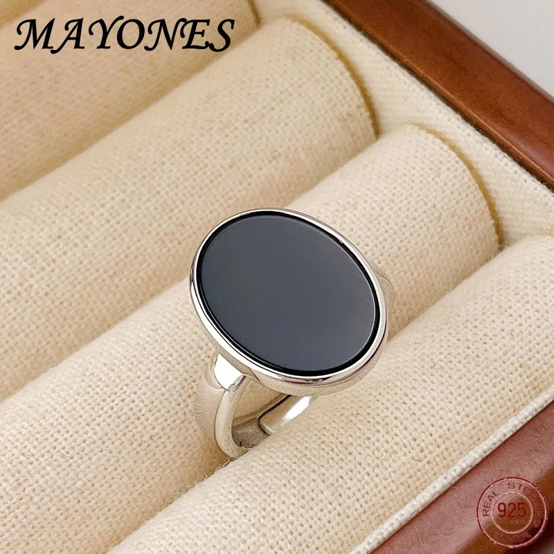 925 sterling silver black red  oval shaped agate  white shell ring  women's European and American style jewelry