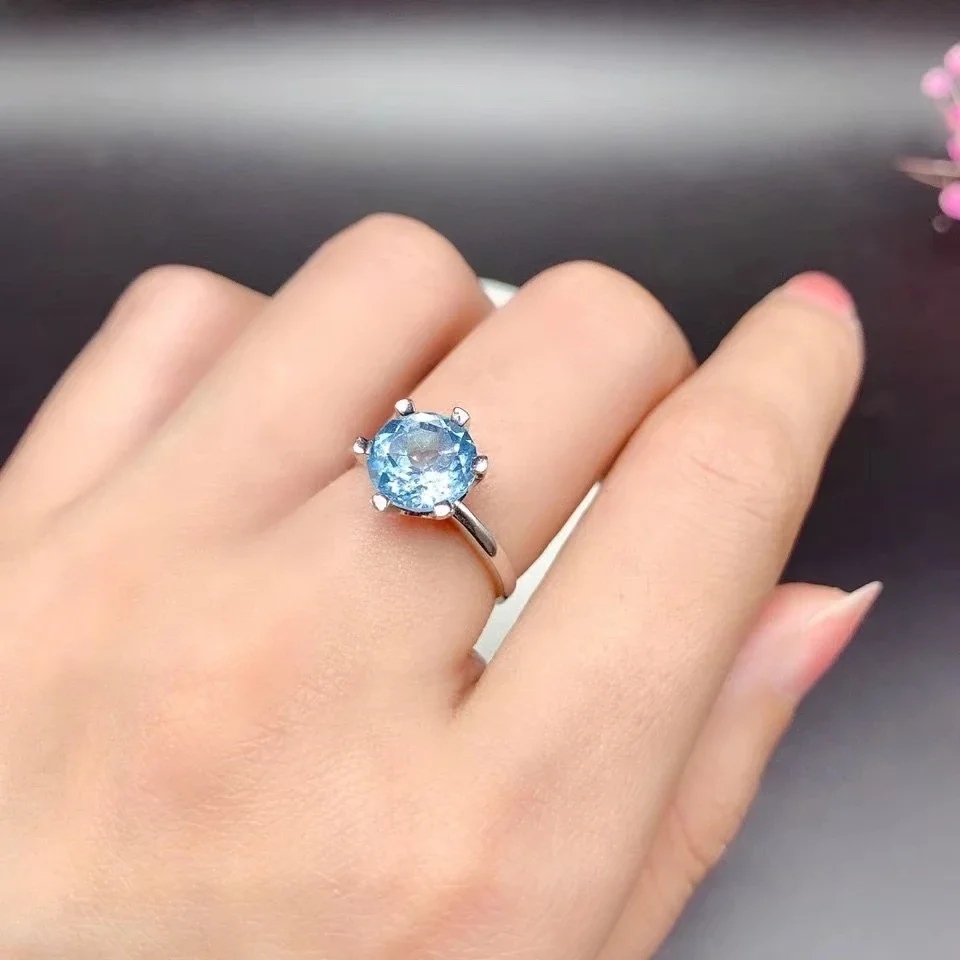 Classic Silver Six Claws Ring for Daily Wear 3ct 9mm VVS Grade Natural Topaz Ring 925 Silver Light Blue Topaz Jewelry
