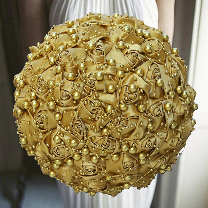 Gold Bridesmaid Bouquets  Pearls Handmade Sisters Wedding Bouquets