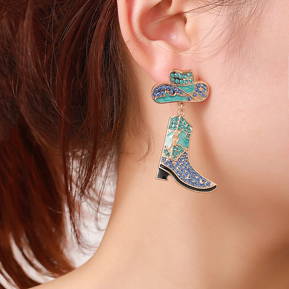 Vintage Colorful Cowboy Cowgirl Boots and Hats Drop Dangle Earrings for Women Western Punk Cool Statement Jewelry Gift