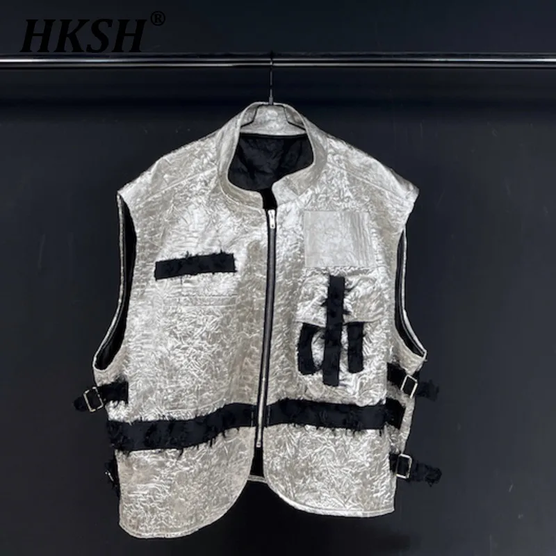 

HKSH Men's Tide Punk Dark Waistcoat Original Design Spring Summer New Silver Gray Vest Tactical Sleeveless Folding Coats HK1853