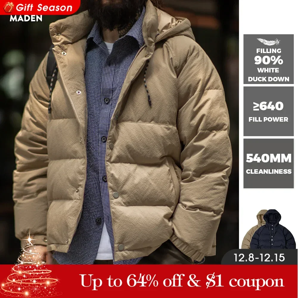 Maden Men\'s Winter Wide Quilting Seam Thickened Down Jacket White Duck Down Navy Blue Hooded Jacket High Density Fabric Warm Top