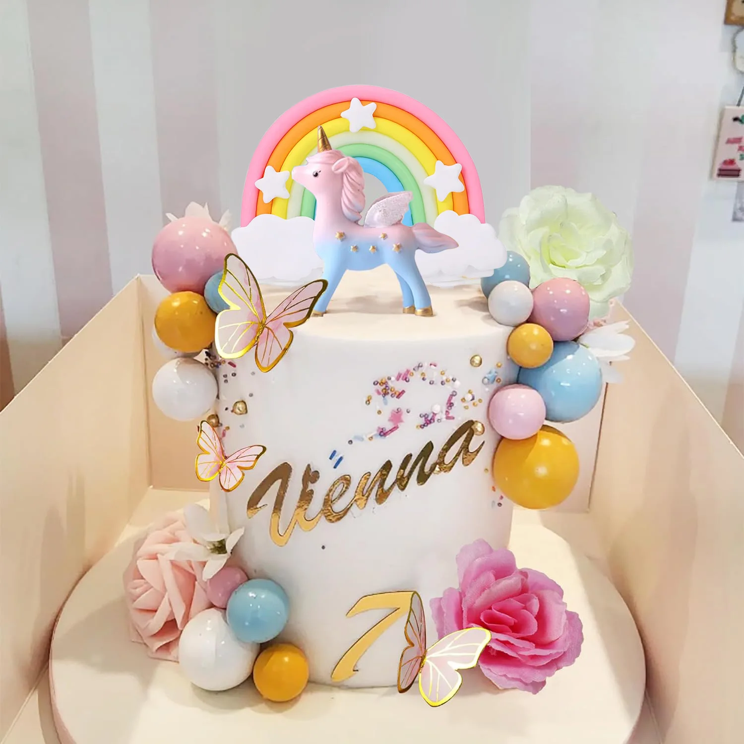 47 Uds. Adorno para tarta de unicornio, decoraciones para tarta de arcoíris con mariposas, bolas de unicornio, decoración para tarta de cumpleaños para niños y niñas