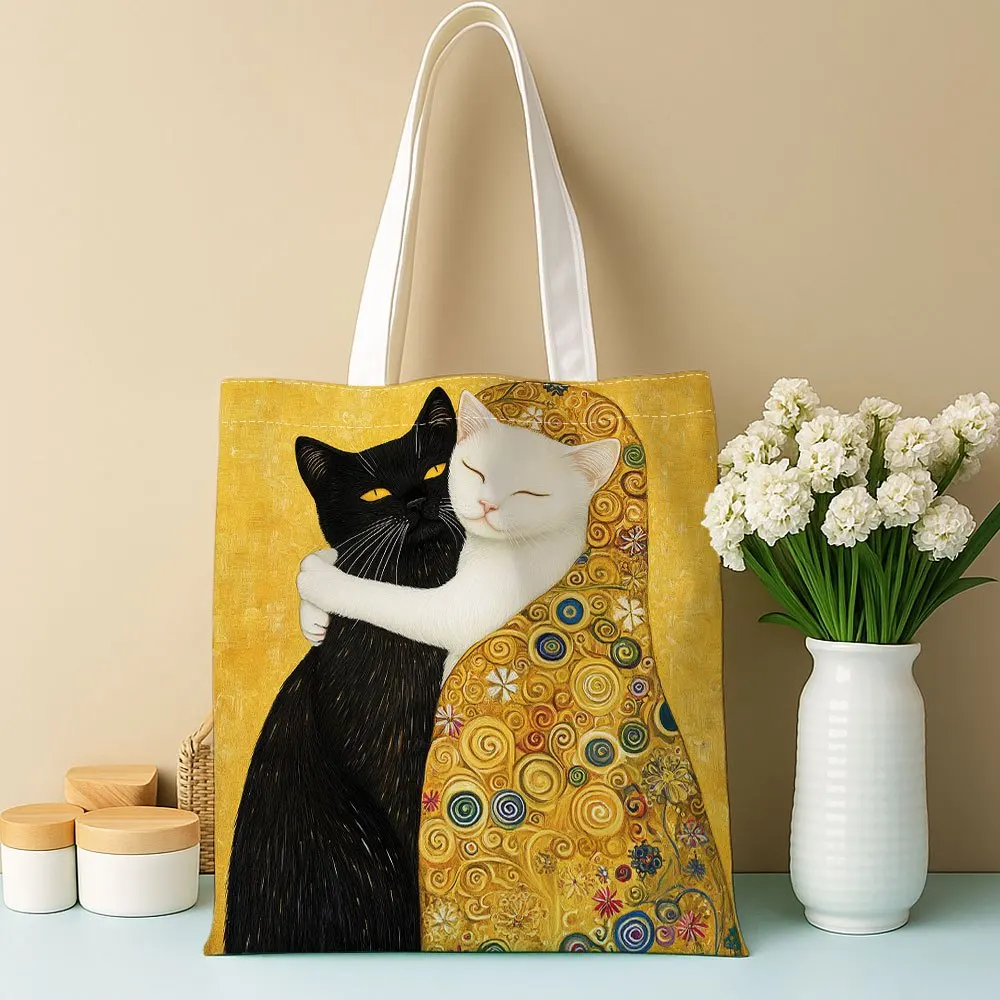 1pc Klimt-Style Hugging Cats Printed Tote Bag, reusable shopping bag, suitable for daily use, shopping, school and travel