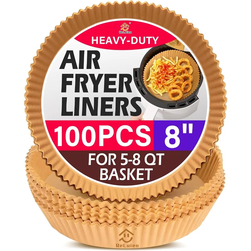 

Air fryer baking paper mats, 100 sheets per pack, non-stick and oil-resistant, 8-inch round.