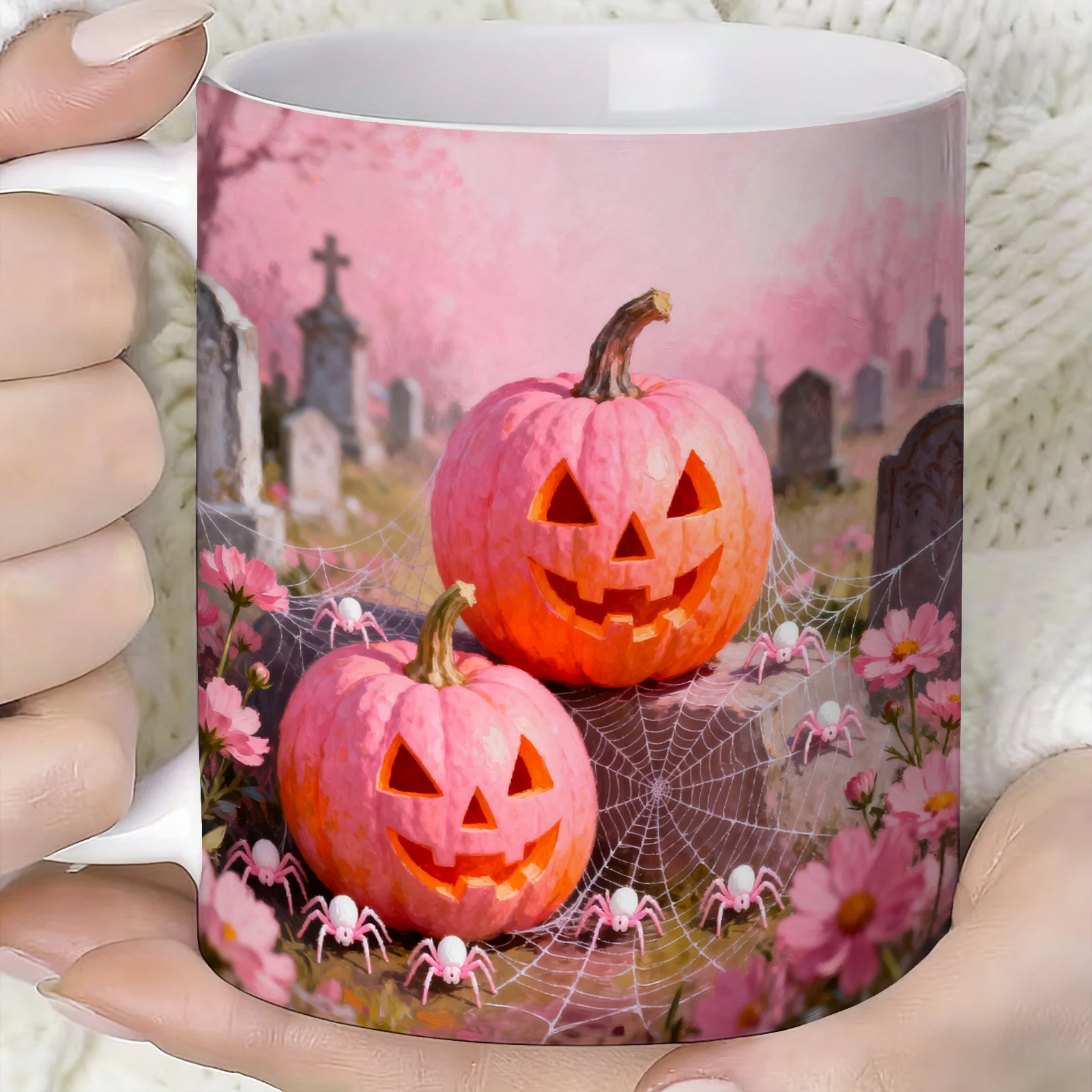 1pc Pink Ceramic Coffee Mug Suitable for Home & Office, Double-Sided Themed Cup with Spooky Patterns, Reusable 11oz Tea/Cocoa/Cider Mug, Easy Hand Wash Gift for &, for Daily Use or Decorative Drinkware