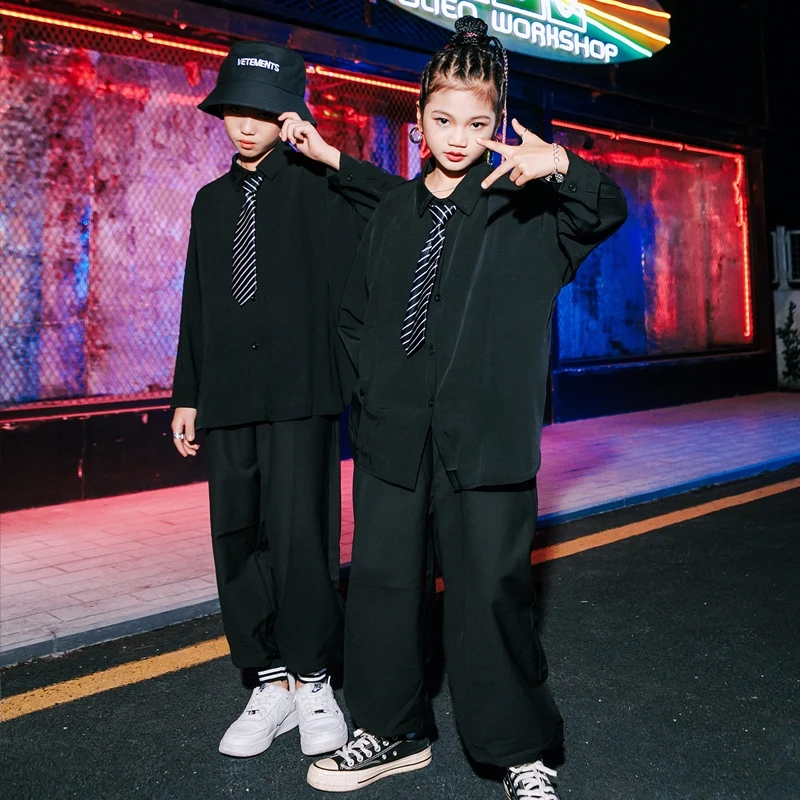 

2025 New Fashion Hip Hop Dance Costume Streetwear Black Suit Shirt Pants Outfits Kids Jazz Modern Dance Performance Wear DN20128