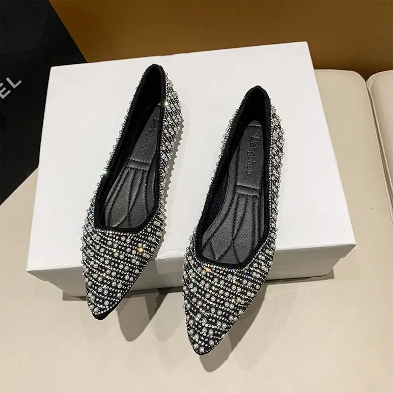 Pearl Green Diamond Ladies Summer Footwear Shoes for Women 2024 Black Evening Rhinestone Pointed Toe Flats with Crystals Flat A