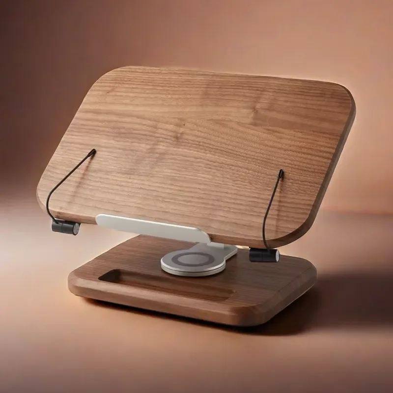 Adjustable Metal Phone Stand 360 Degree Rotating Holder Portable Desktop Bracket for Mobile Reading Solid Wood Base Laptop