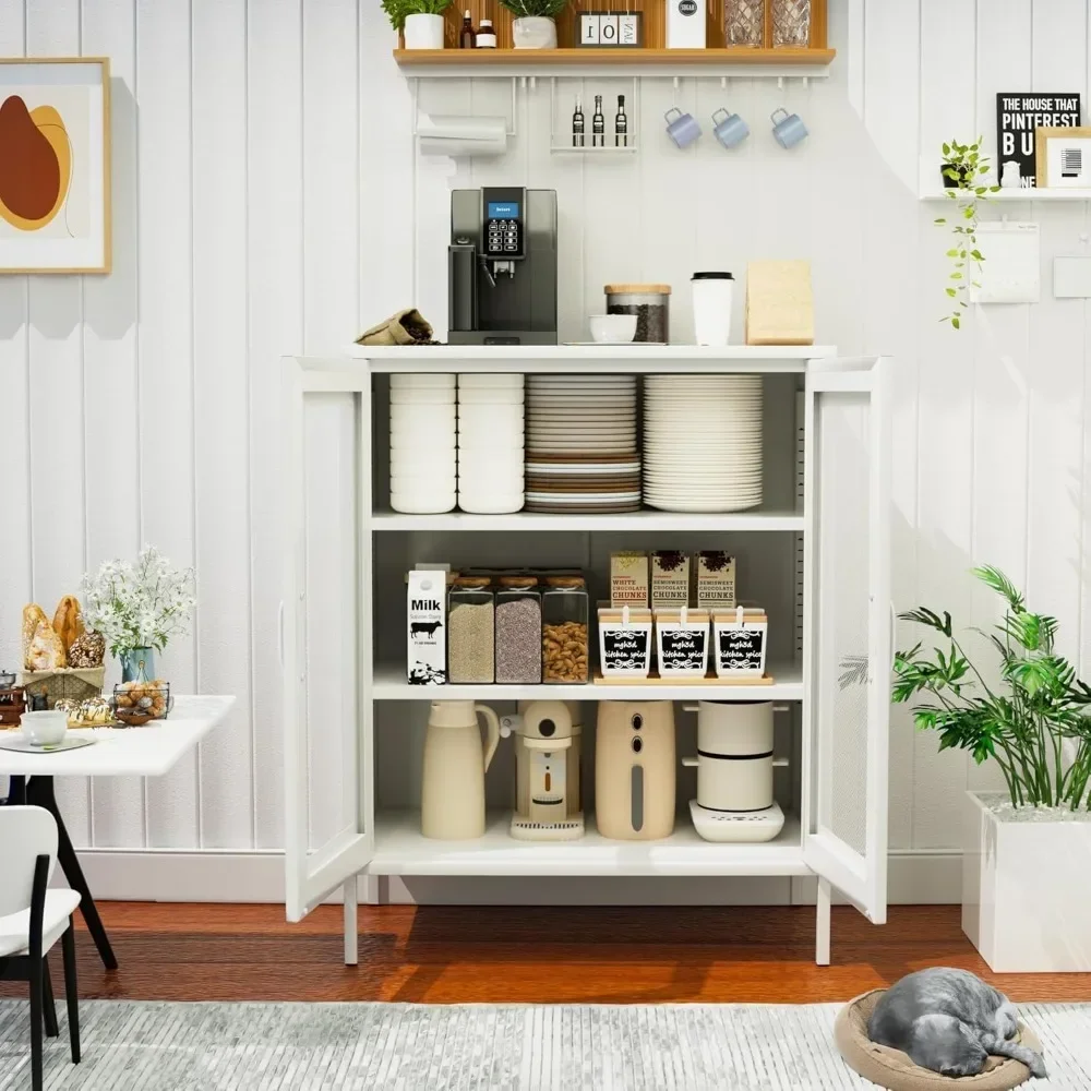 YQXH Metal Storage Cabinet with 2 Mesh Doors,Metal Locker Storage Cabinet with Adjustable Shelves,Coffee Bar for Pantry, Kitche