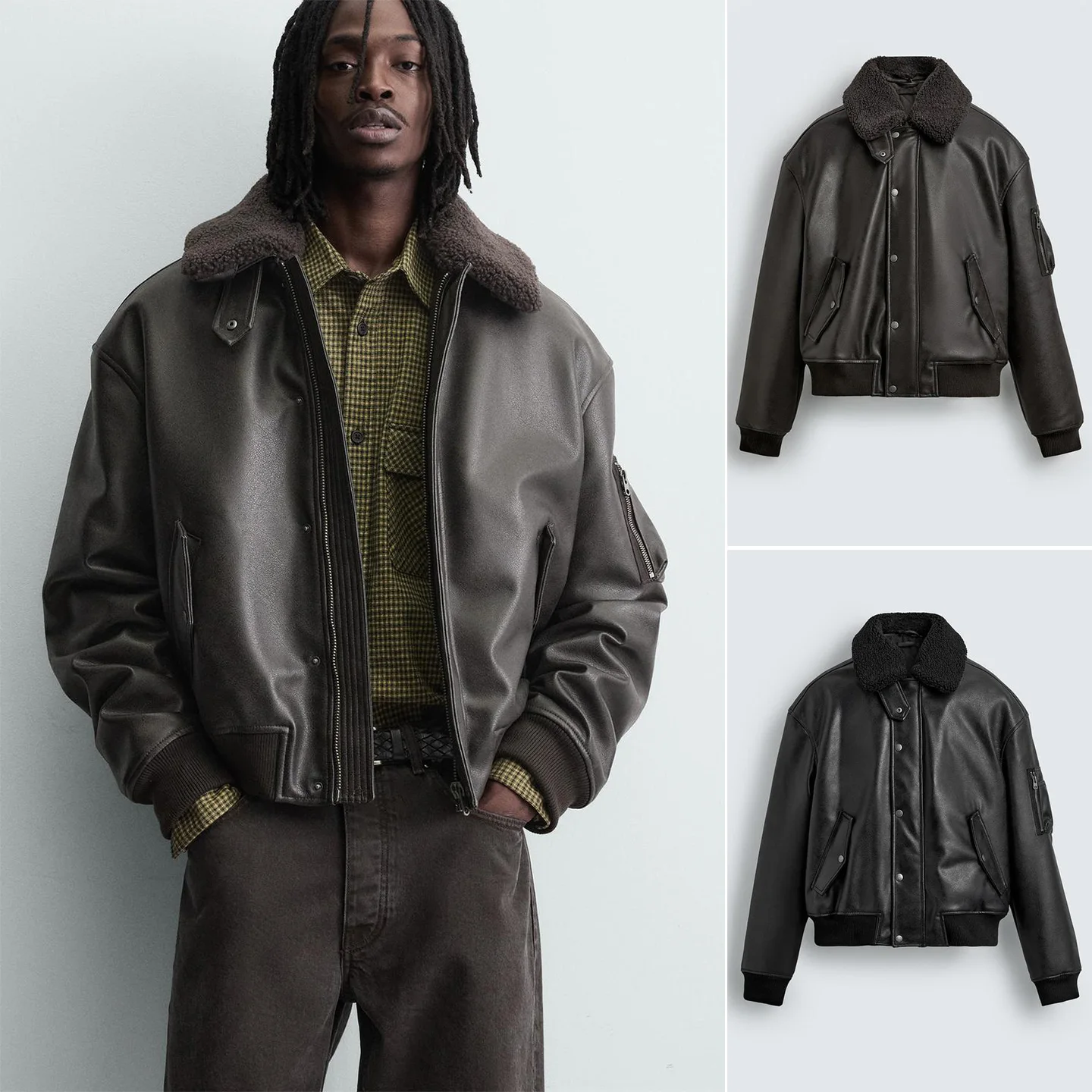 

Winter New Men's Loose Fit Detachable Collar Faux Leather Effect ort Jaet Coat Casual Sle Polyester Fiber Long Sve