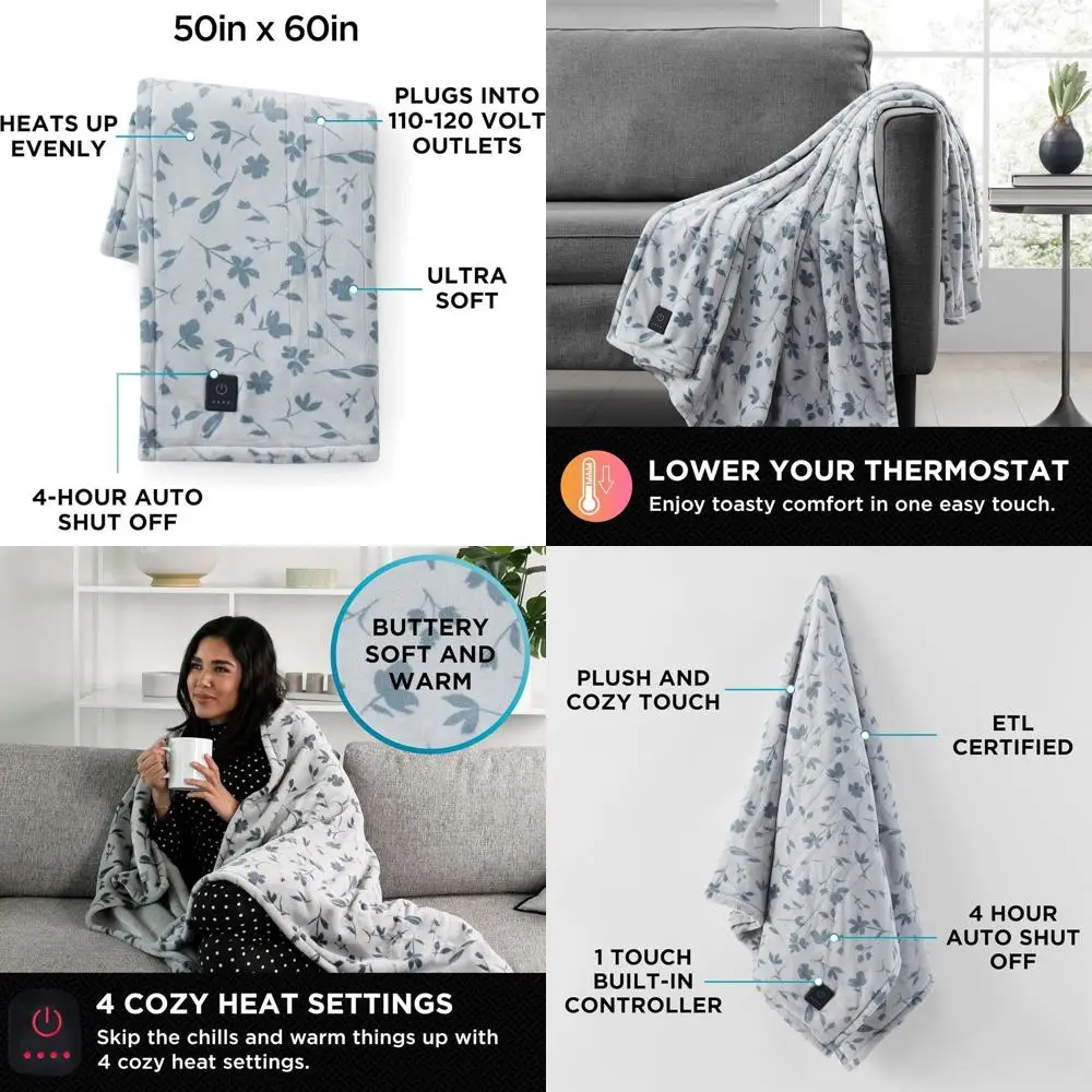

Electric Faux Fur Throw Blanket with 4 Heat Levels, 4-Hour Timer, 100% Polyester, 50x60 - Floral Design